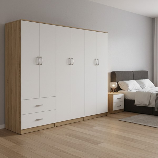 Ντουλάπα εξάφυλλη Athos I pakoworld sonoma-λευκό 240x42x180εκ