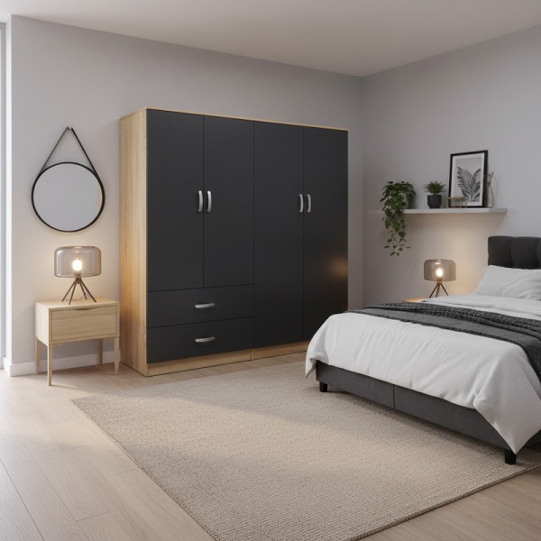 Ντουλάπα τετράφυλλη Athos pakoworld sonoma-ανθρακί 160x42x180εκ