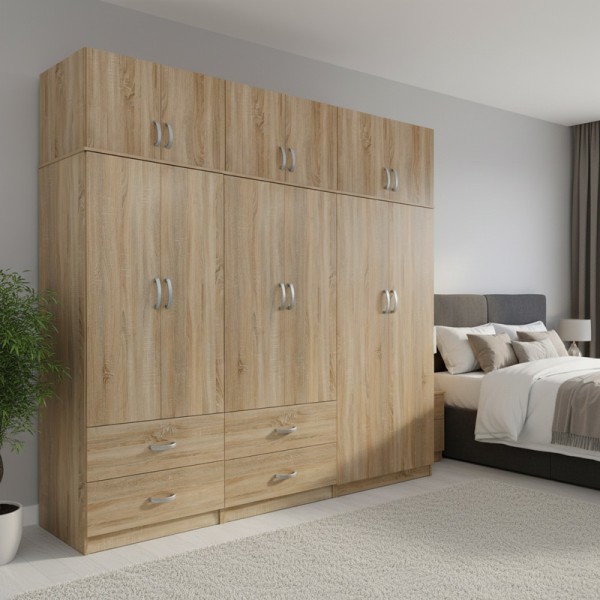 Ντουλάπα εξάφυλλη με πατάρι Athos pakoworld sonoma 240x42x240εκ