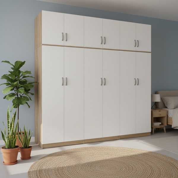 Ντουλάπα εξάφυλλη με πατάρι Athos ΙΙ pakoworld sonoma-λευκή 240x42x240εκ
