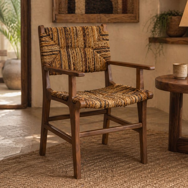 Πολυθρόνα Refane pakoworld φυσικό teak ξύλο-ψάθα 55x60x85εκ