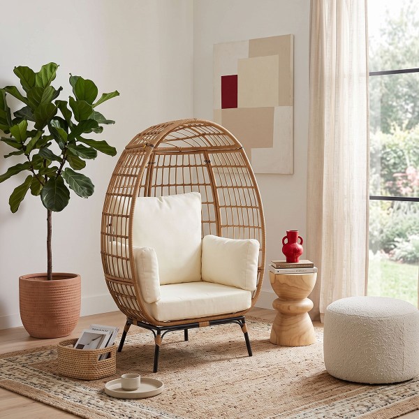 Πολυθρόνα Frox pakoworld wicker rattan φυσικό-μεταλλικό φυσικό-μαύρο πόδι-μπεζ μαξιλάρι 96x76x145εκ
