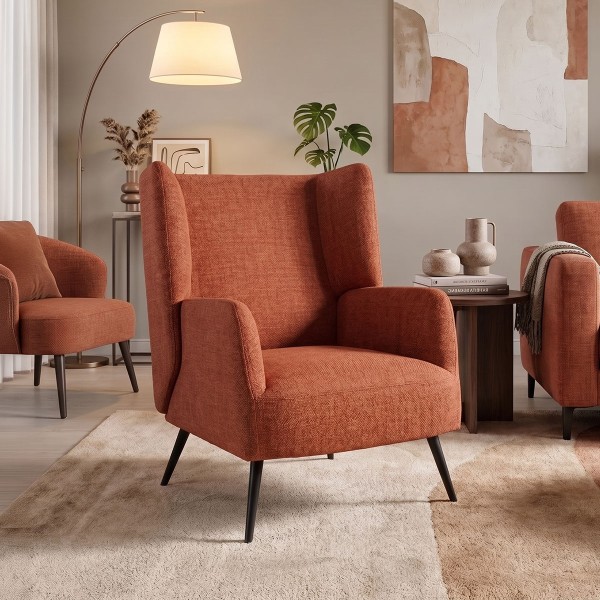Πολυθρόνα Mareta pakoworld terracotta ύφασμα με πόδι σε μαύρη απόχρωση 83x80x99εκ
