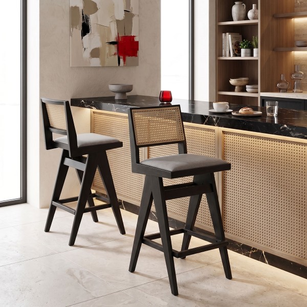 Σκαμπό bar Winslow pakoworld ξύλο rubberwood μαύρο-pvc rattan φυσικό-ύφασμα γκρι 44.5x46x98εκ | Συσκευασία 2 τμχ