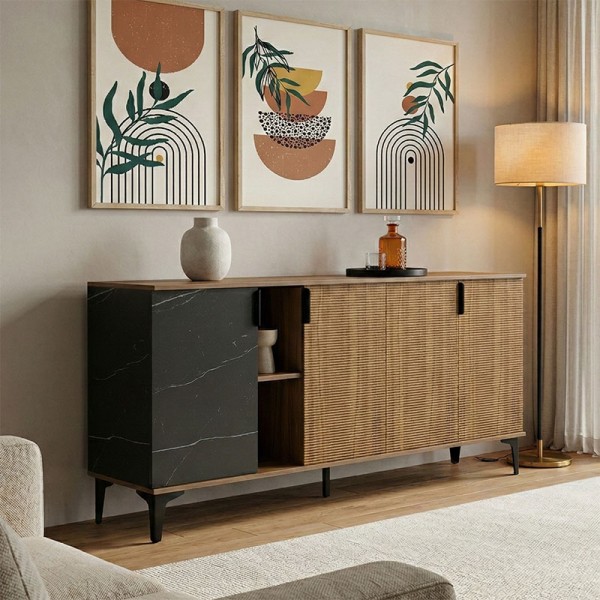 Μπουφές Riba pakoworld καρυδί-μαύρη όψη μαρμάρου 180x40x78εκ