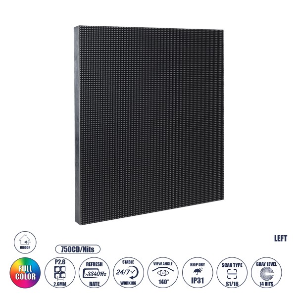 GLOBOSTAR® ILLUMINA 41043 Module για Οθόνες Video Wall 25x25cm 96x96px P2.6 LED 40W 3840Hz 9216 Dots ≥750cd/㎡ Nits DC 5V Εσωτερικού Χώρου IP31 Full Color S1/16 14Bits - Kinglight SMD1415 - Αριστερό - Μ25 x Π1.2 x Υ25cm - 2 Χρόνια Εγγύηση