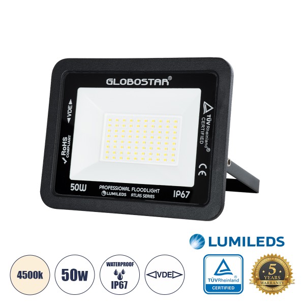 GLOBOSTAR® ATLAS 61423 Προβολέας LED 50W 6000lm 120° AC 220-240V Αδιάβροχο IP67 Φυσικό Λευκό 4500K - Lumileds SMD Chip - TÜV Rheinland Certified - Μαύρο Ματ - Μ21 x Π3.5 x Υ16cm - 5 Χρόνια Εγγύηση