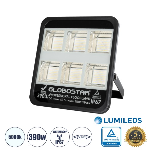 GLOBOSTAR® TITAN 61435 Προβολέας για Γήπεδα Tennis & Ποδοσφαίρου 5x5 LED 390W 48750lm 60°x90° AC 220-240V Αδιάβροχο IP67 Φυσικό Λευκό 5000K - Lumileds SMD Chip - TÜV Rheinland Certified - Μαύρο Ματ - Μ32 x Π8 x Υ35cm - 5 Χρόνια Εγγύηση