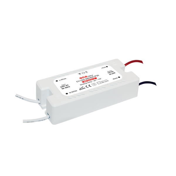 MINI PLASTIC CV LED DRIVER 24W 230V AC-12V DC 2A IP20 WITH CABLES
