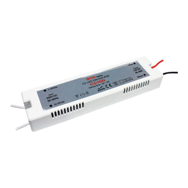 MINI PLASTIC CV LED DRIVER 48W 230V AC-12V DC 4A IP20 WITH CABLES