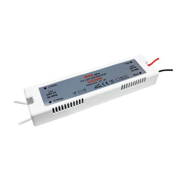 MINI PLASTIC CV LED DRIVER 48W 230V AC-24V DC 2A IP20 WITH CABLES