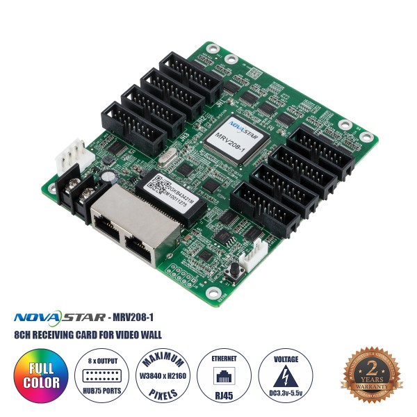 GLOBOSTAR® MRV208-1 41021 Novastar MRV208-1 Receiving Card για Οθόνες LED Video Wall 8 x HUB75E με Loading Capacity σε Pixel 256 x 256px - Gigabit Network Ethernet Input & Output Ports - DC 5V IP20 - Μ9.5 x Π10.9 x Υ1.8cm - 2 Χρόνια Εγγύηση