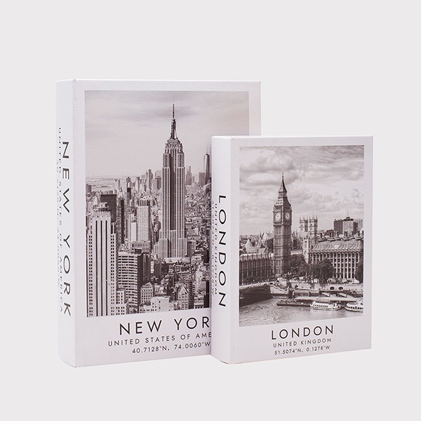 S/2 ΔΙΑΚΟΣΜΗΤΙΚΑ ΚΟΥΤΙΑ ΒΙΒΛΙΑ NEW YORK-LONDON ΞΥΛΙΝΑ ΛΕΥΚΟ-ΜΑΥΡΟ 34x25x7cm/ 27x20x5.5cm